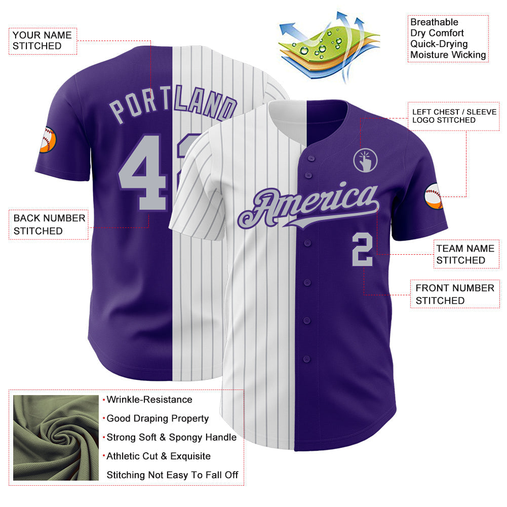 Custom Purple White-Gray Pinstripe Authentic Split Fashion Baseball Jersey baseball jersey product view 3