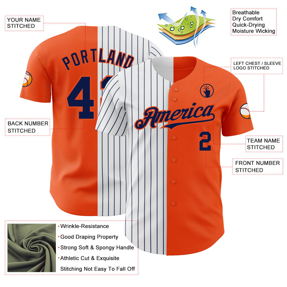 Custom Orange White-Navy Pinstripe Authentic Split Fashion Baseball Jersey baseball jersey product view 3