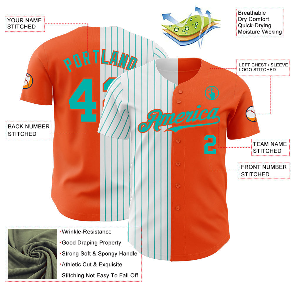 Custom Orange White-Aqua Pinstripe Authentic Split Fashion Baseball Jersey baseball jersey product view 3