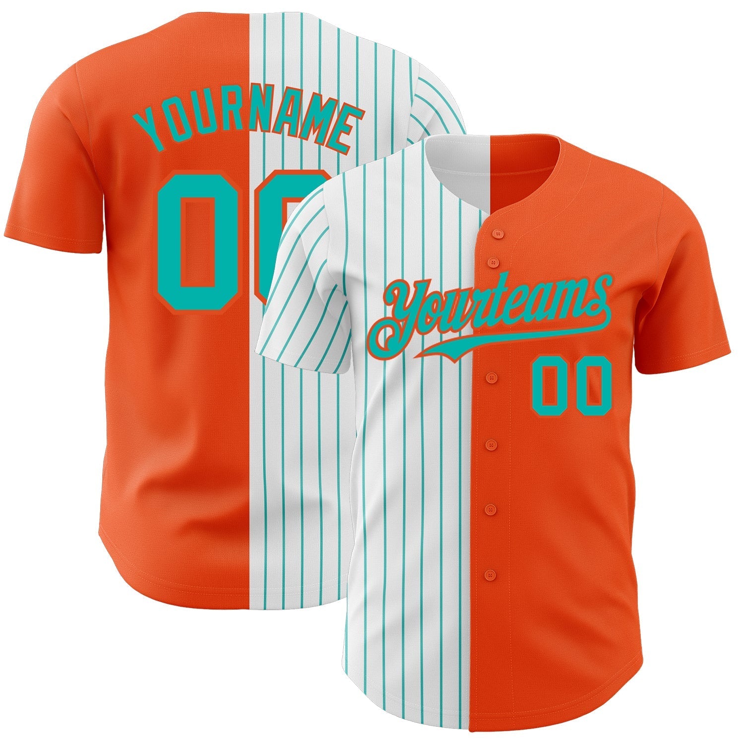 Custom Orange White-Aqua Pinstripe Authentic Split Fashion Baseball Jersey baseball jersey product view 1
