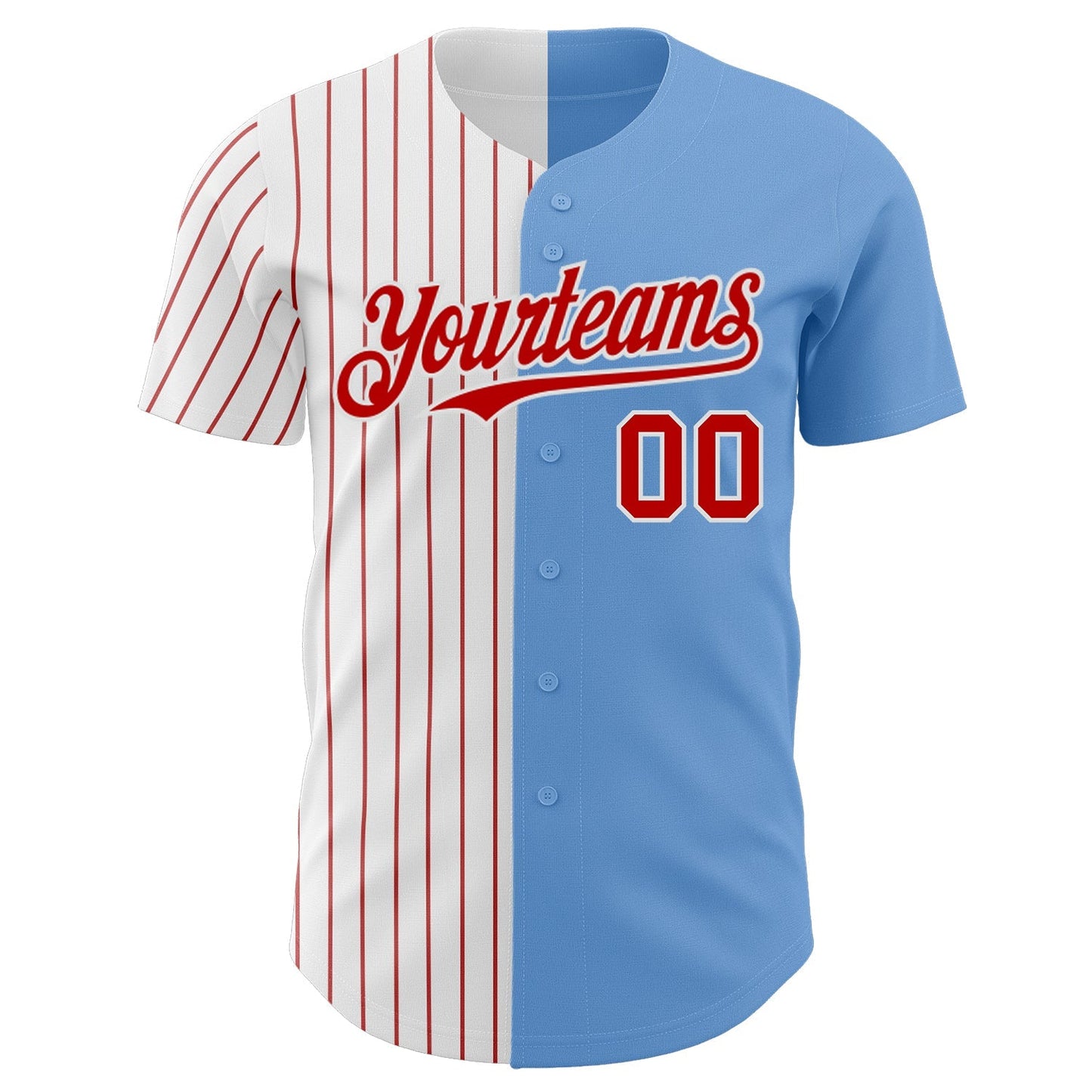 Custom Light Blue White-Red Pinstripe Authentic Split Fashion Baseball Jersey baseball jersey product view 2