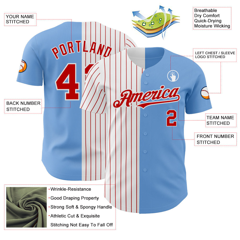 Custom Light Blue White-Red Pinstripe Authentic Split Fashion Baseball Jersey baseball jersey product view 3