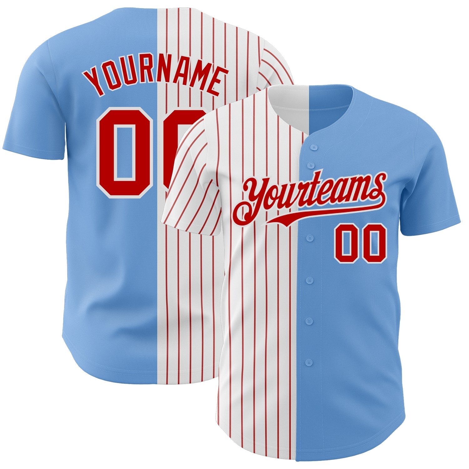 Custom Light Blue White-Red Pinstripe Authentic Split Fashion Baseball Jersey baseball jersey product view 1