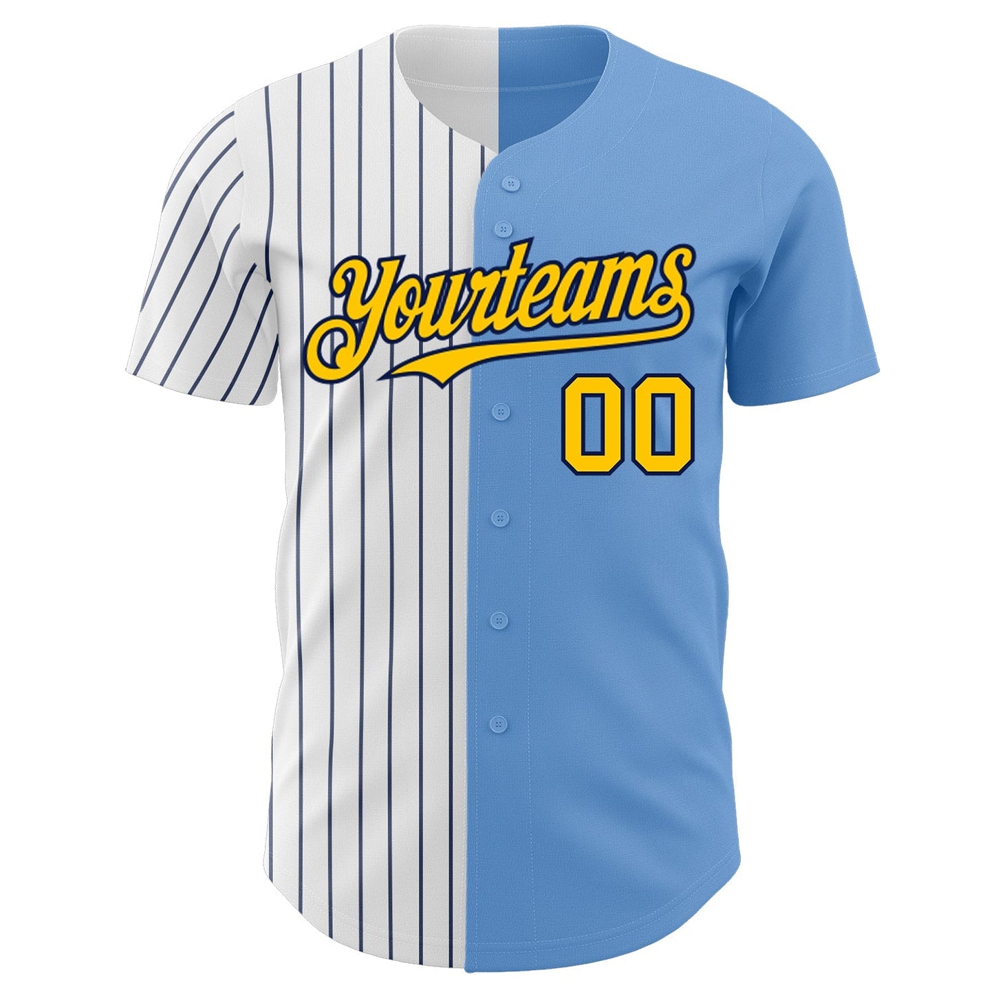 Custom Light Blue Yellow-Navy Pinstripe Authentic Split Fashion Baseball Jersey baseball jersey product view 2