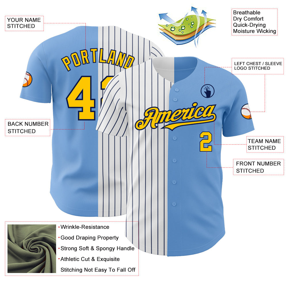 Custom Light Blue Yellow-Navy Pinstripe Authentic Split Fashion Baseball Jersey baseball jersey product view 3