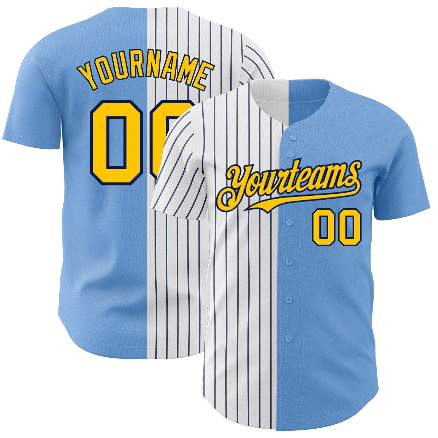 Custom Light Blue Yellow-Navy Pinstripe Authentic Split Fashion Baseball Jersey baseball jersey product view 1