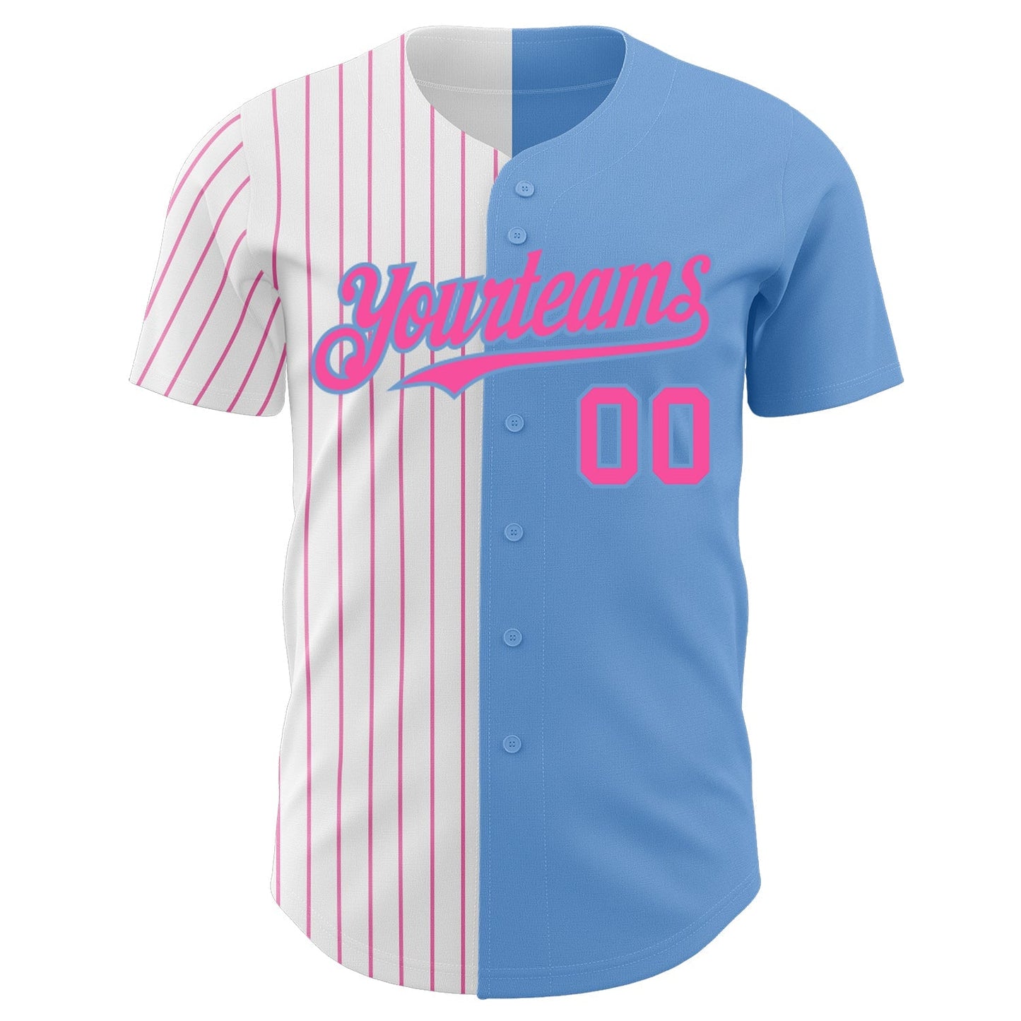Custom Light Blue White-Pink Pinstripe Authentic Split Fashion Baseball Jersey baseball jersey product view 2