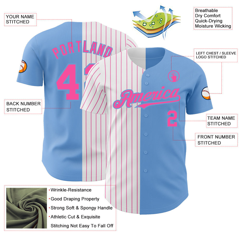 Custom Light Blue White-Pink Pinstripe Authentic Split Fashion Baseball Jersey baseball jersey product view 3