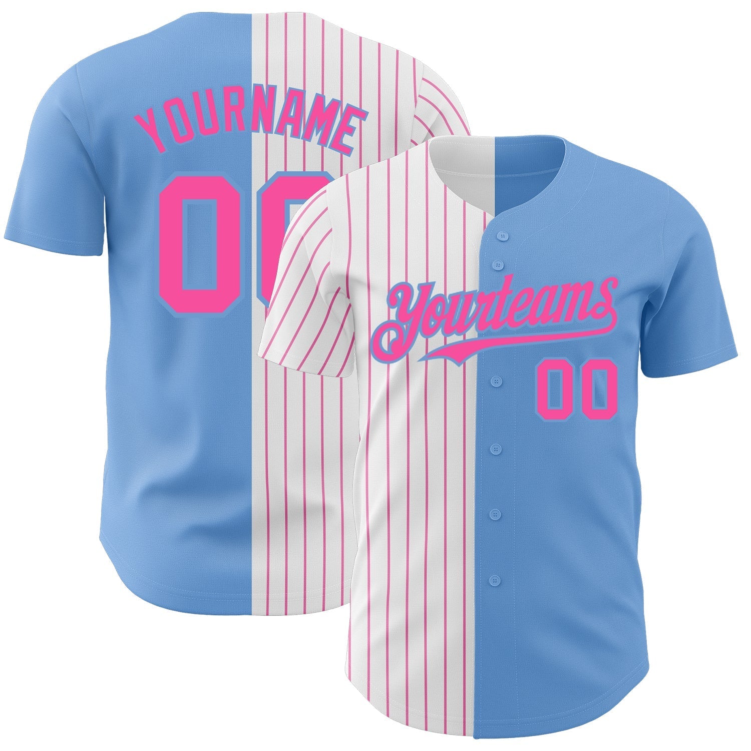 Custom Light Blue White-Pink Pinstripe Authentic Split Fashion Baseball Jersey baseball jersey product view 1