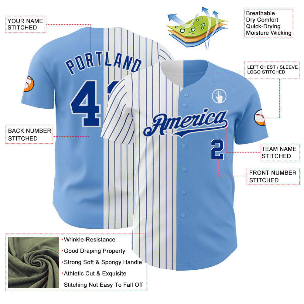 Custom Light Blue White-Royal Pinstripe Authentic Split Fashion Baseball Jersey baseball jersey product view 3