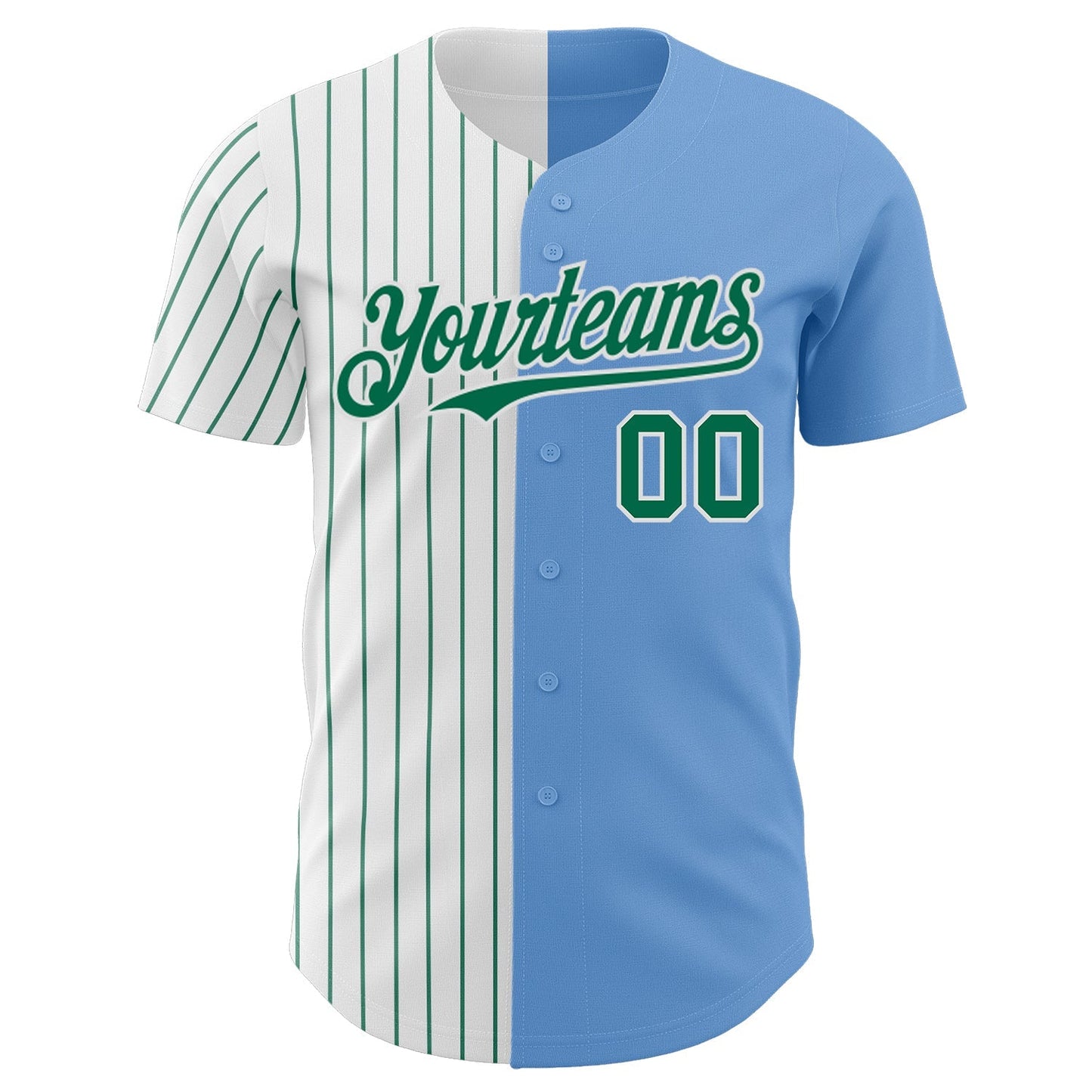 Custom Light Blue White-Kelly Green Pinstripe Authentic Split Fashion Baseball Jersey baseball jersey product view 2