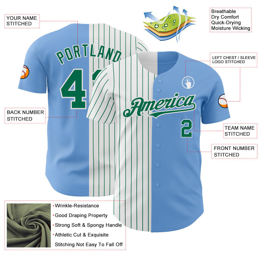 Custom Light Blue White-Kelly Green Pinstripe Authentic Split Fashion Baseball Jersey baseball jersey product view 3
