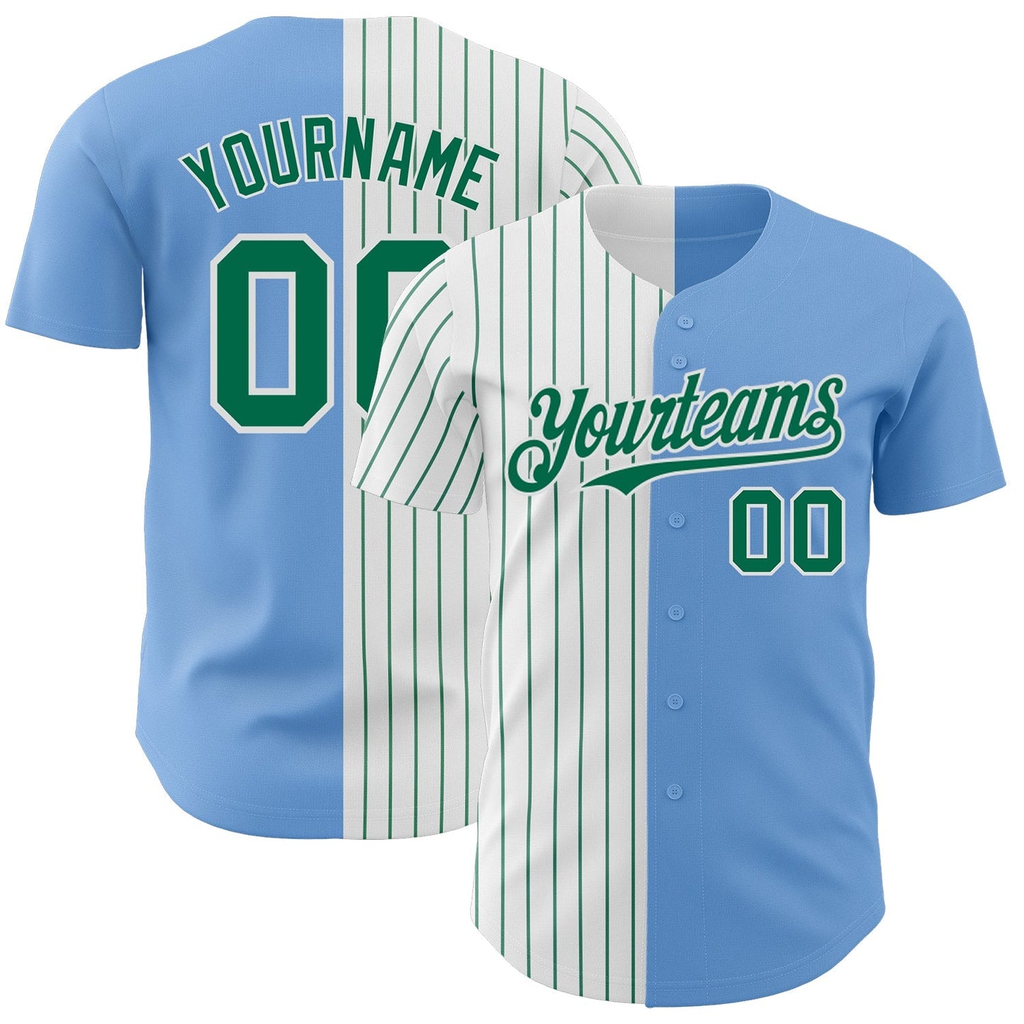 Custom Light Blue White-Kelly Green Pinstripe Authentic Split Fashion Baseball Jersey baseball jersey product view 1
