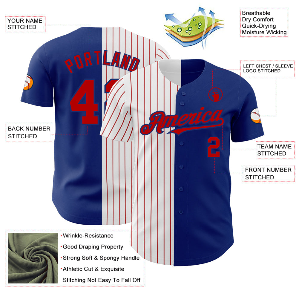 Custom Royal White-Red Pinstripe Authentic Split Fashion Baseball Jersey baseball jersey product view 3