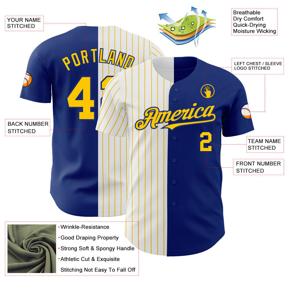 Custom Royal White-Yellow Pinstripe Authentic Split Fashion Baseball Jersey baseball jersey product view 3