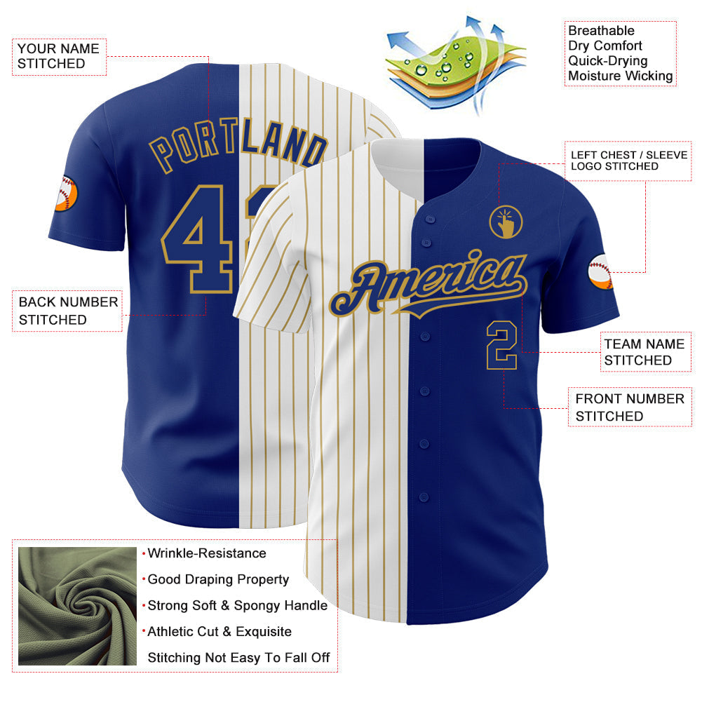 Custom Royal White-Old Gold Pinstripe Authentic Split Fashion Baseball Jersey baseball jersey product view 3