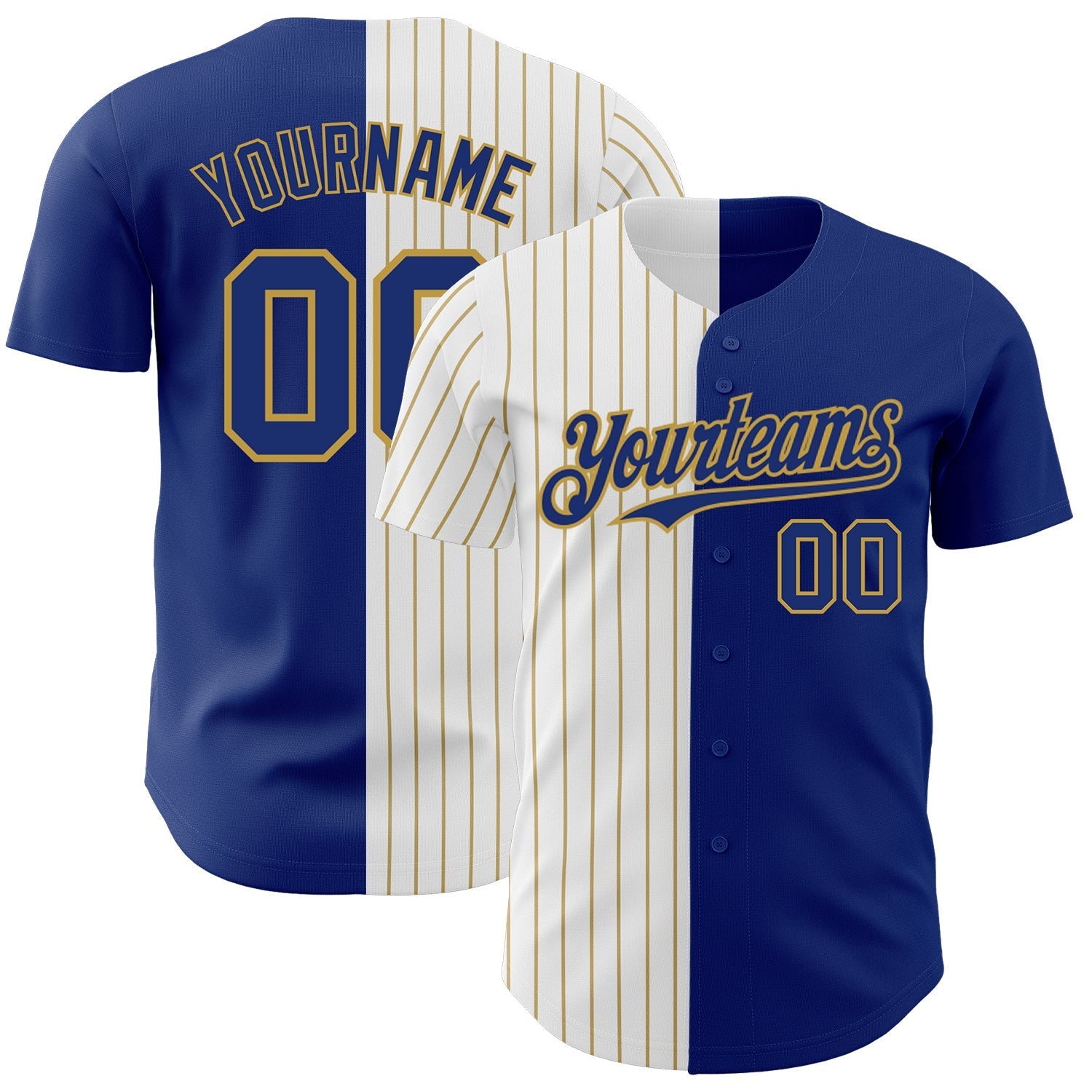 Custom Royal White-Old Gold Pinstripe Authentic Split Fashion Baseball Jersey baseball jersey product view 1