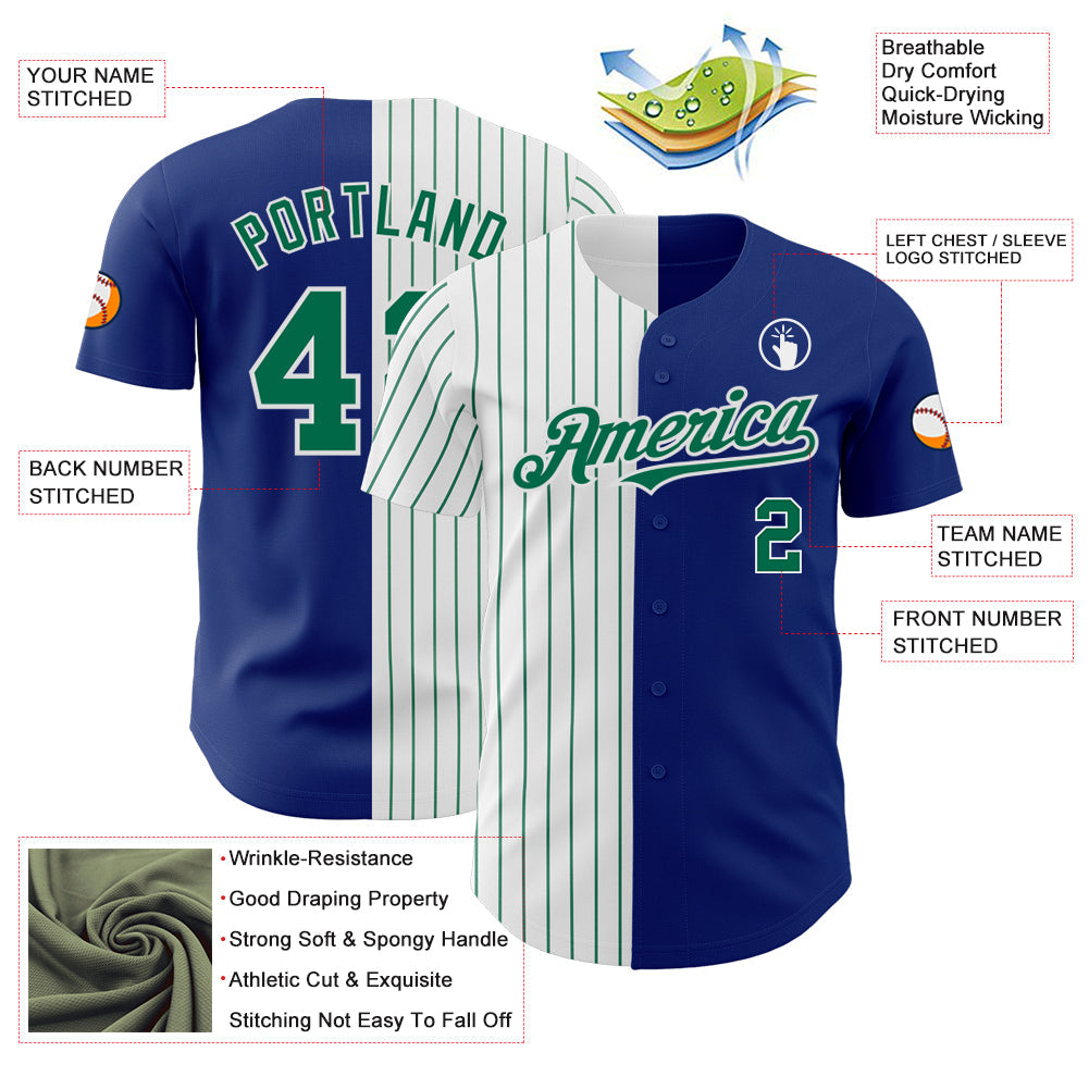 Custom Royal White-Kelly Green Pinstripe Authentic Split Fashion Baseball Jersey baseball jersey product view 3