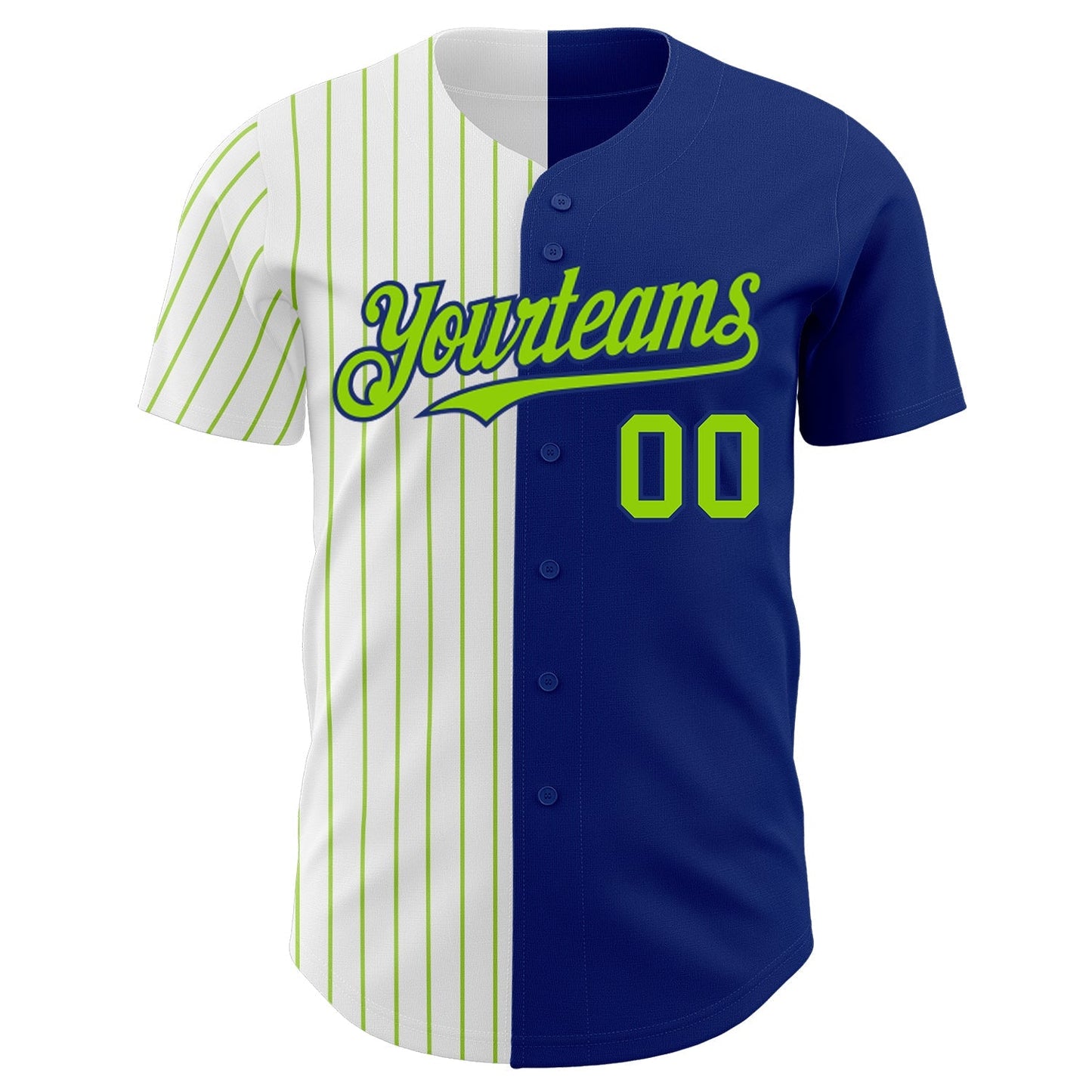 Custom Royal White-Neon Green Pinstripe Authentic Split Fashion Baseball Jersey baseball jersey product view 2