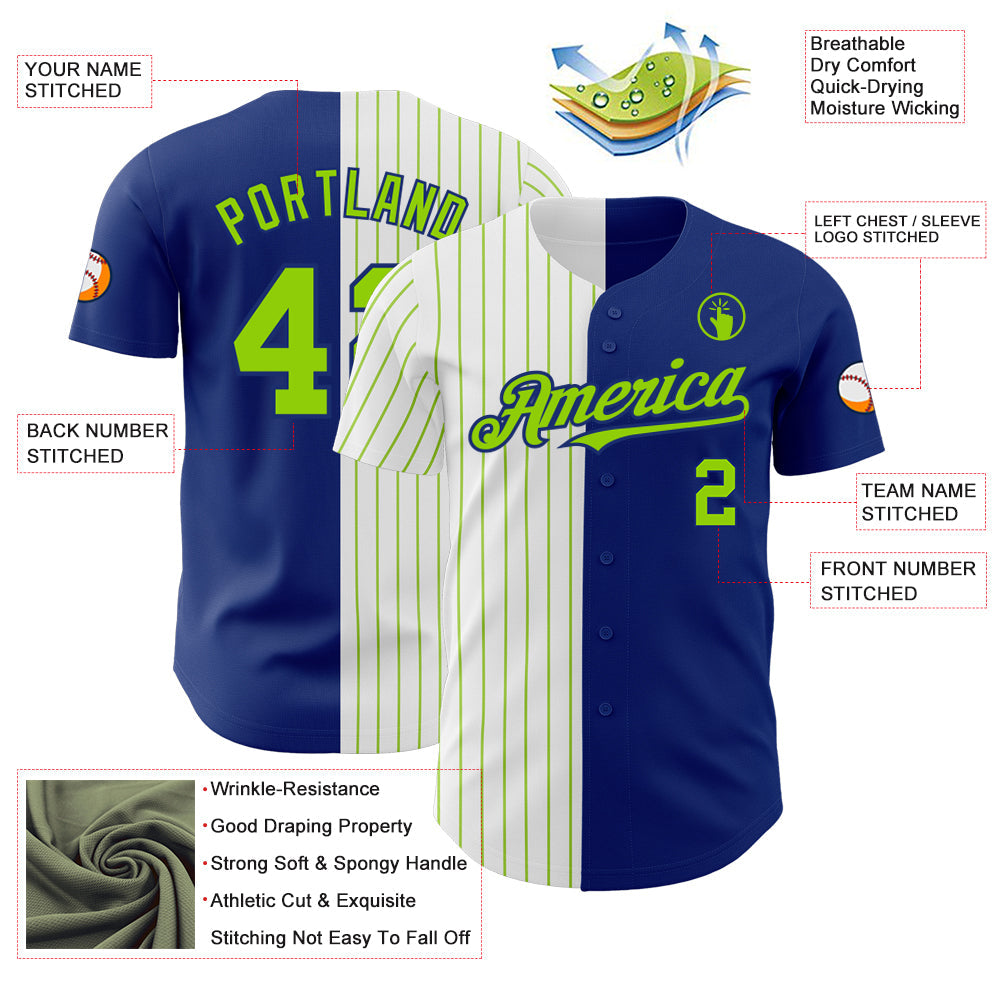 Custom Royal White-Neon Green Pinstripe Authentic Split Fashion Baseball Jersey baseball jersey product view 3