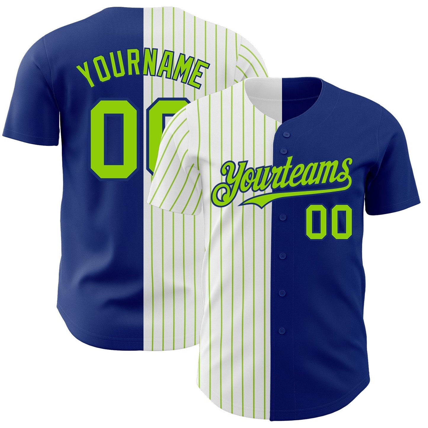 Custom Royal White-Neon Green Pinstripe Authentic Split Fashion Baseball Jersey baseball jersey product view 1