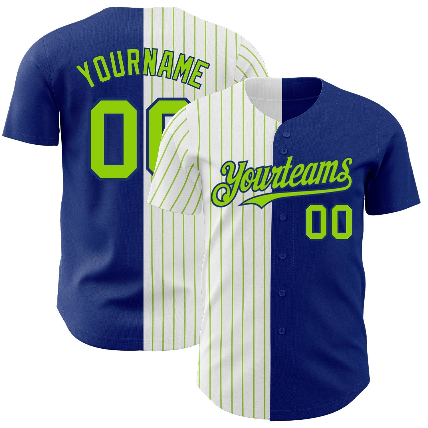 Custom Royal White-Neon Green Pinstripe Authentic Split Fashion Baseball Jersey baseball jersey product view 1