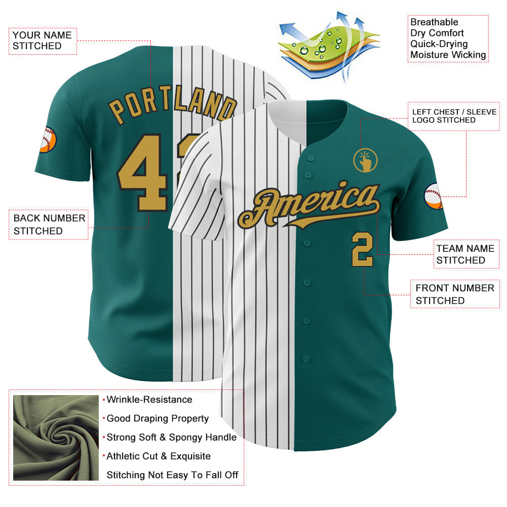 Custom Teal Old Gold-Black Pinstripe Authentic Split Fashion Baseball Jersey baseball jersey product view 3