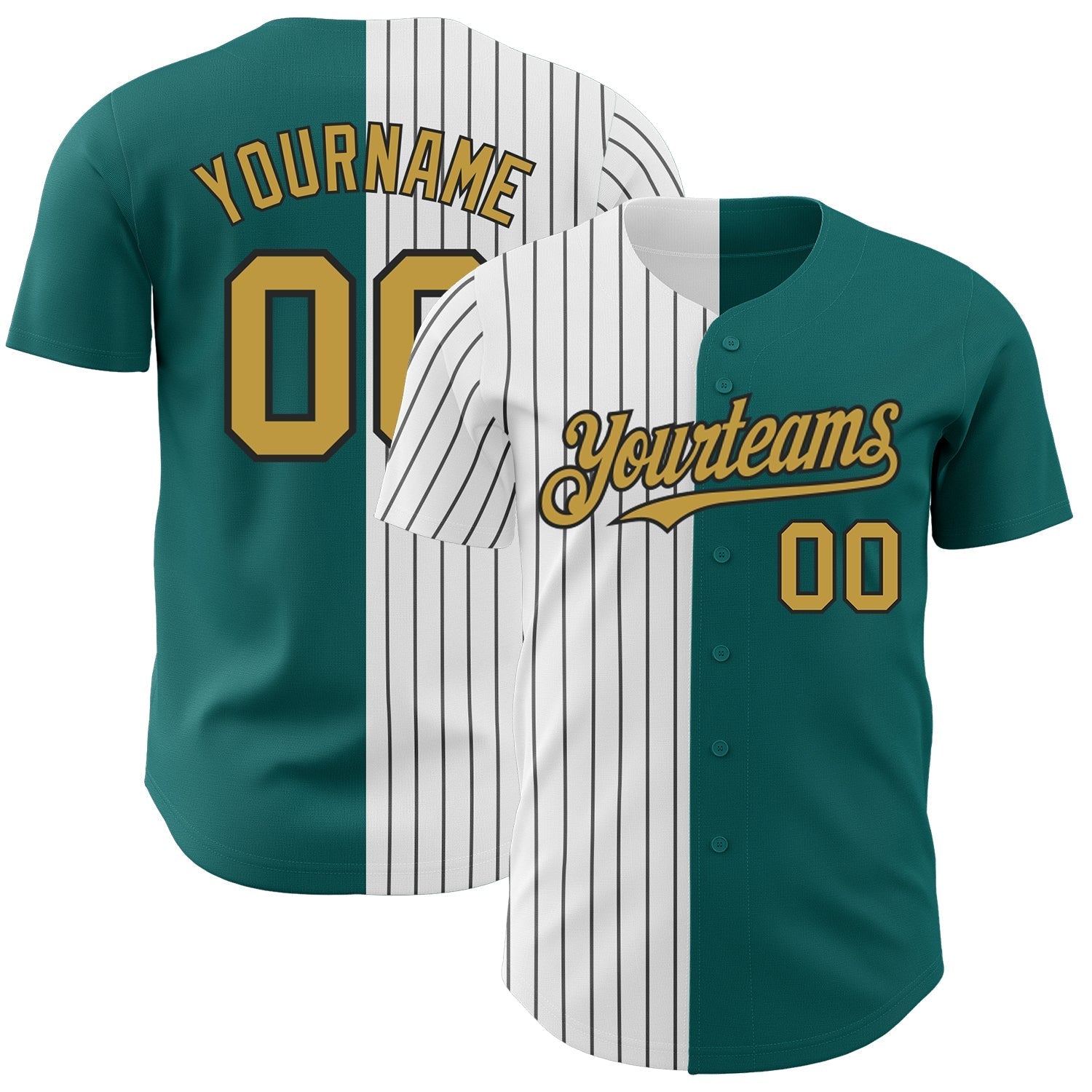 Custom Teal Old Gold-Black Pinstripe Authentic Split Fashion Baseball Jersey baseball jersey product view 1