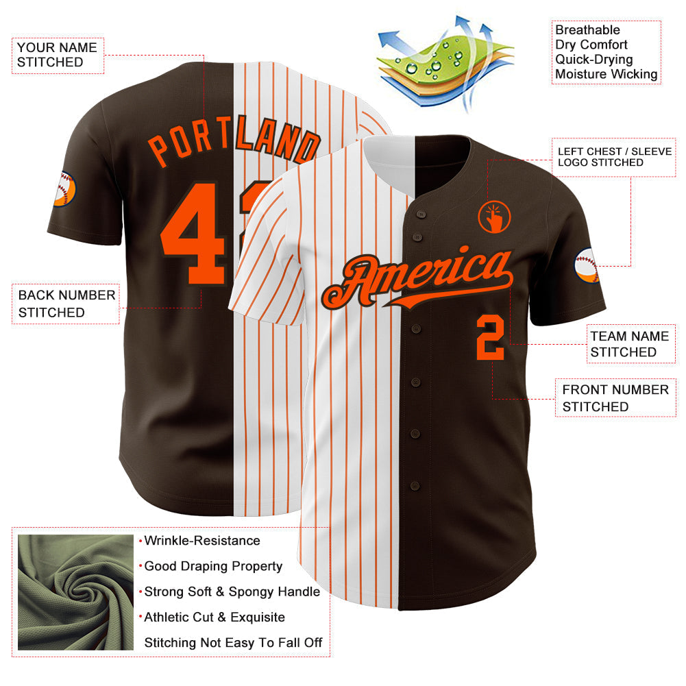 Custom Brown White-Orange Pinstripe Authentic Split Fashion Baseball Jersey baseball jersey product view 3