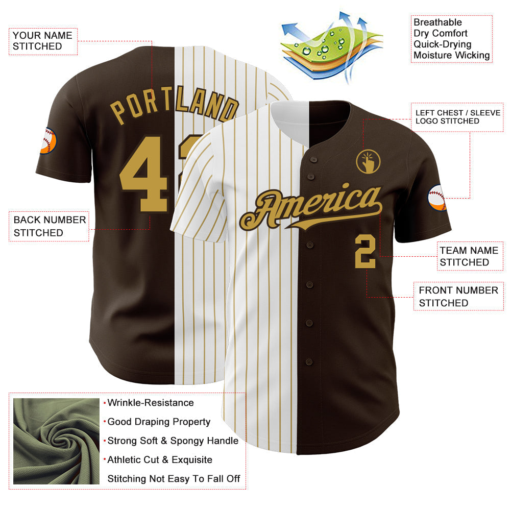 Custom Brown White-Old Gold Pinstripe Authentic Split Fashion Baseball Jersey baseball jersey product view 3