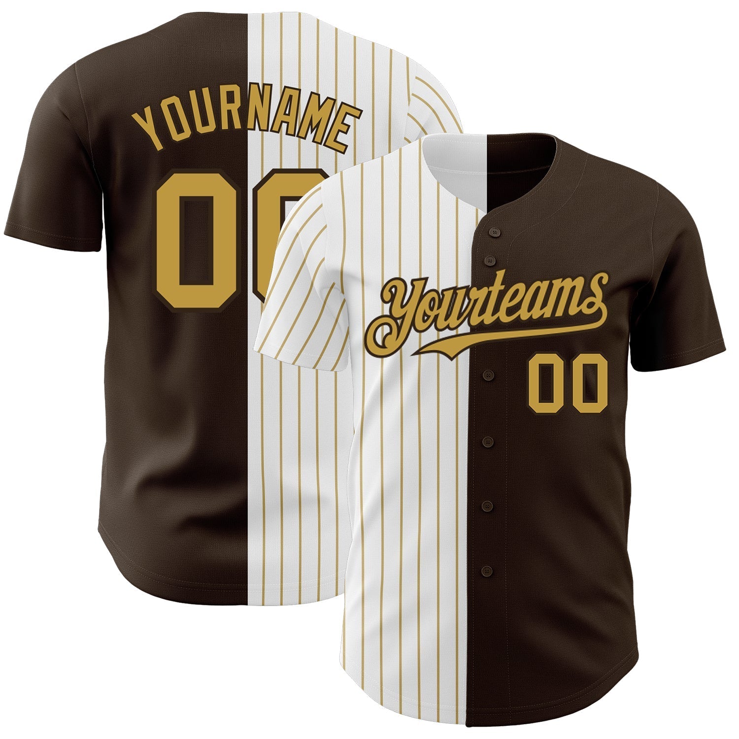 Custom Brown White-Old Gold Pinstripe Authentic Split Fashion Baseball Jersey baseball jersey product view 1