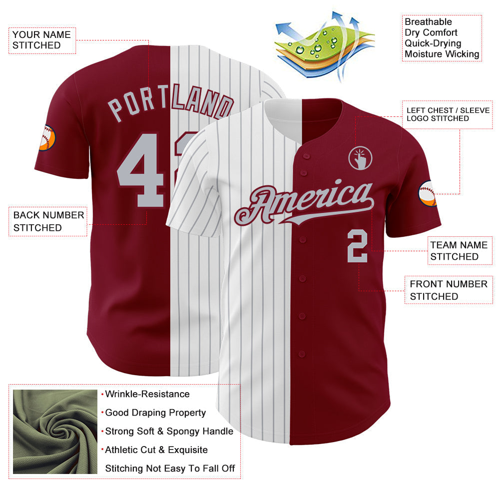 Custom Crimson White-Gray Pinstripe Authentic Split Fashion Baseball Jersey baseball jersey product view 3