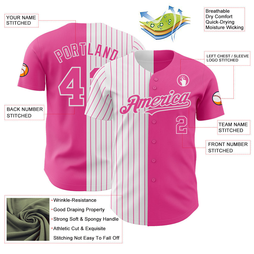 Custom Pink White-Pink Pinstripe Authentic Split Fashion Baseball Jersey baseball jersey product view 3