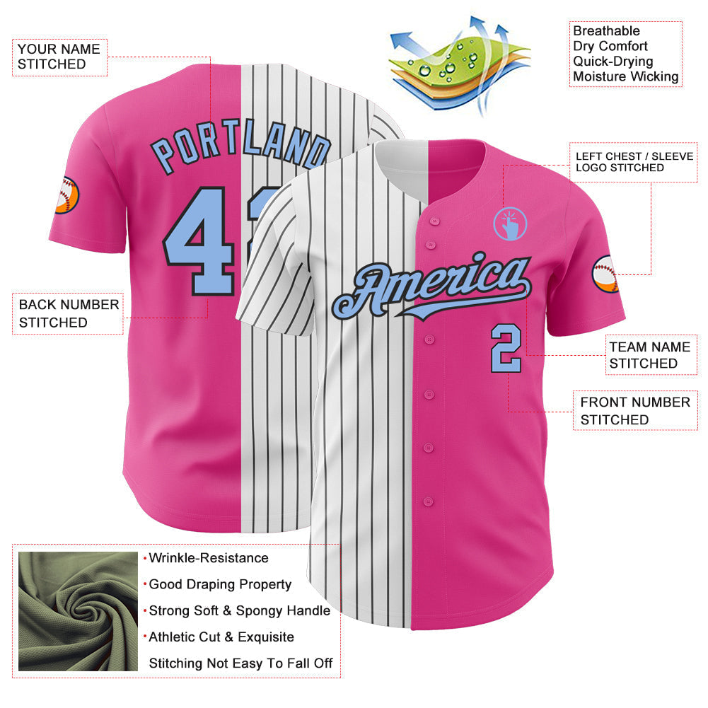 Custom Pink Light Blue-Black Pinstripe Authentic Split Fashion Baseball Jersey baseball jersey product view 3