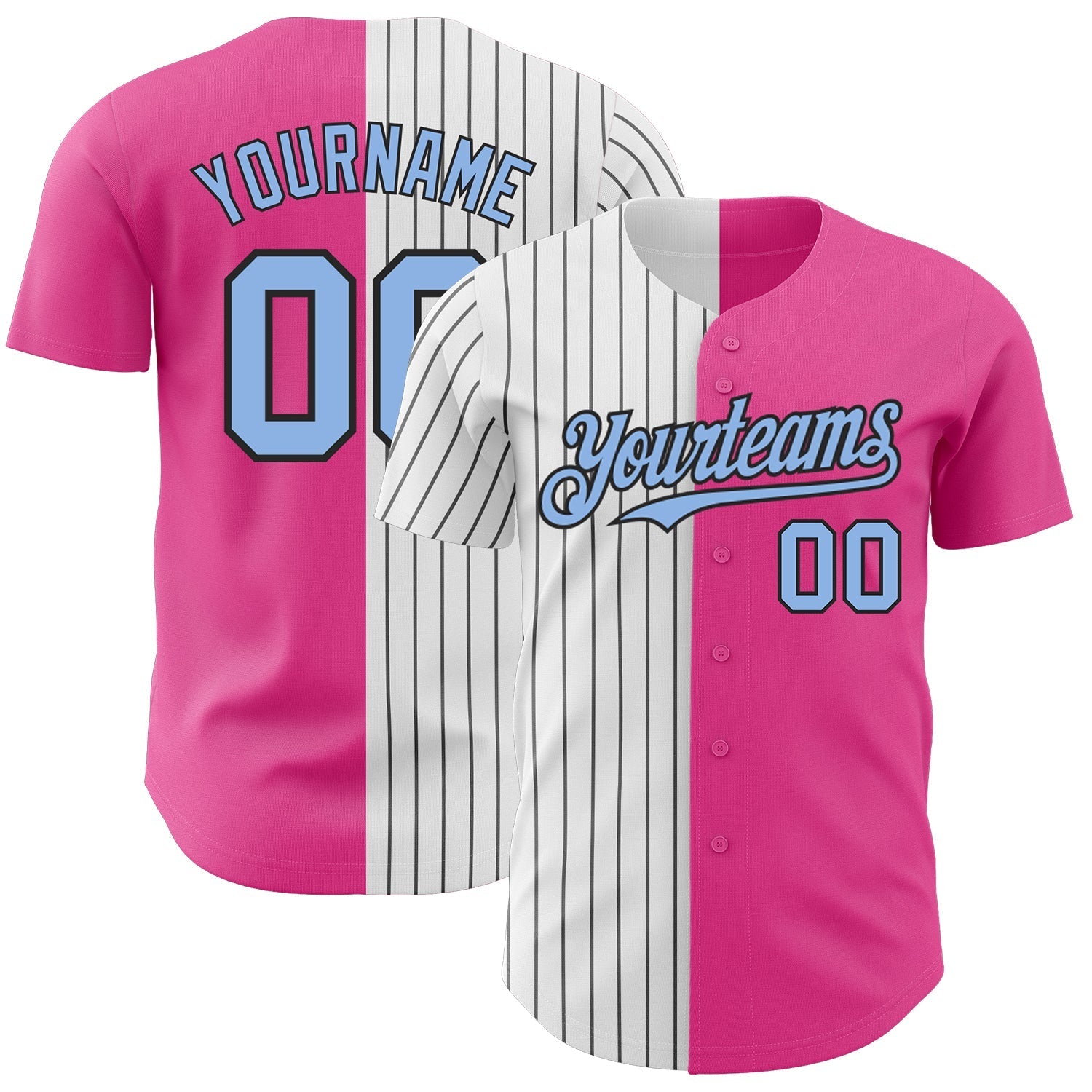 Custom Pink Light Blue-Black Pinstripe Authentic Split Fashion Baseball Jersey baseball jersey product view 1