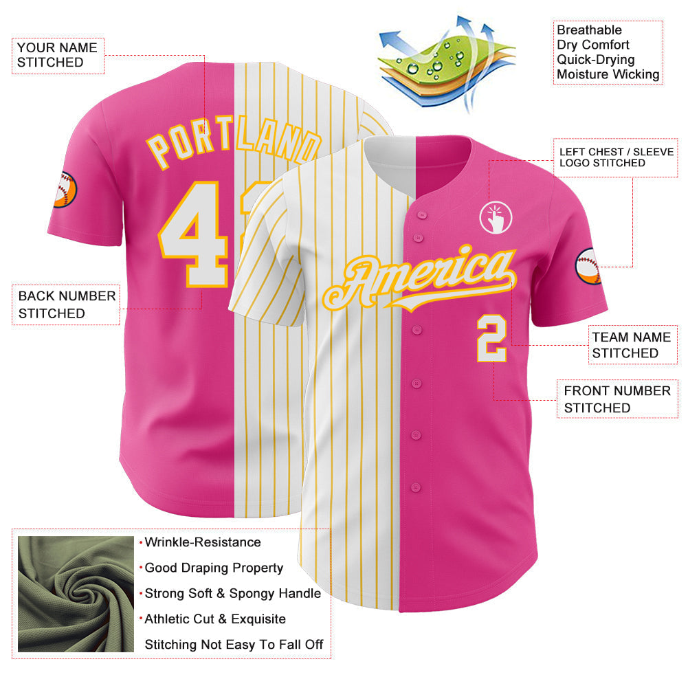 Custom Pink White-Gold Pinstripe Authentic Split Fashion Baseball Jersey baseball jersey product view 3