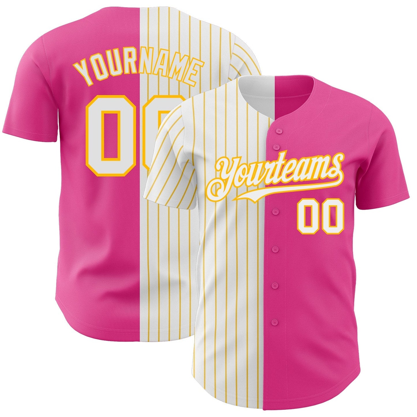Custom Pink White-Gold Pinstripe Authentic Split Fashion Baseball Jersey baseball jersey product view 1