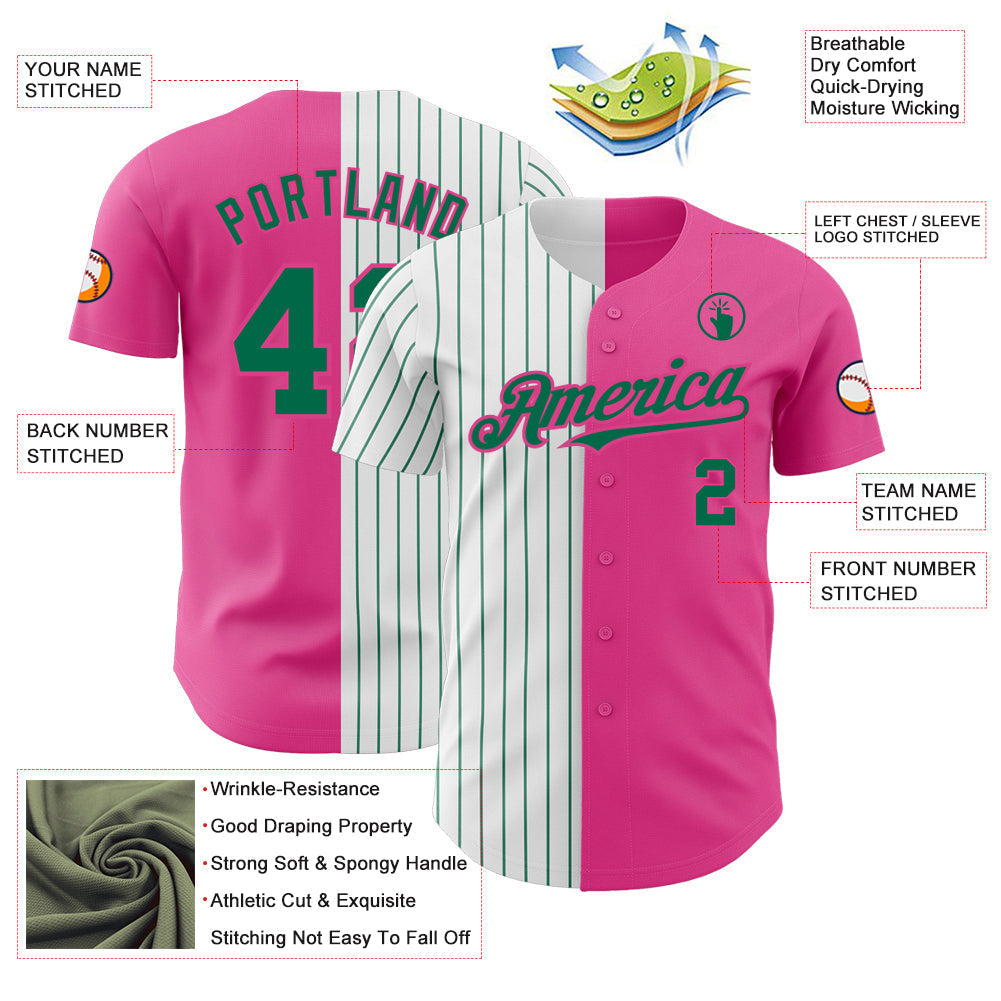 Custom Pink White-Kelly Green Pinstripe Authentic Split Fashion Baseball Jersey baseball jersey product view 3