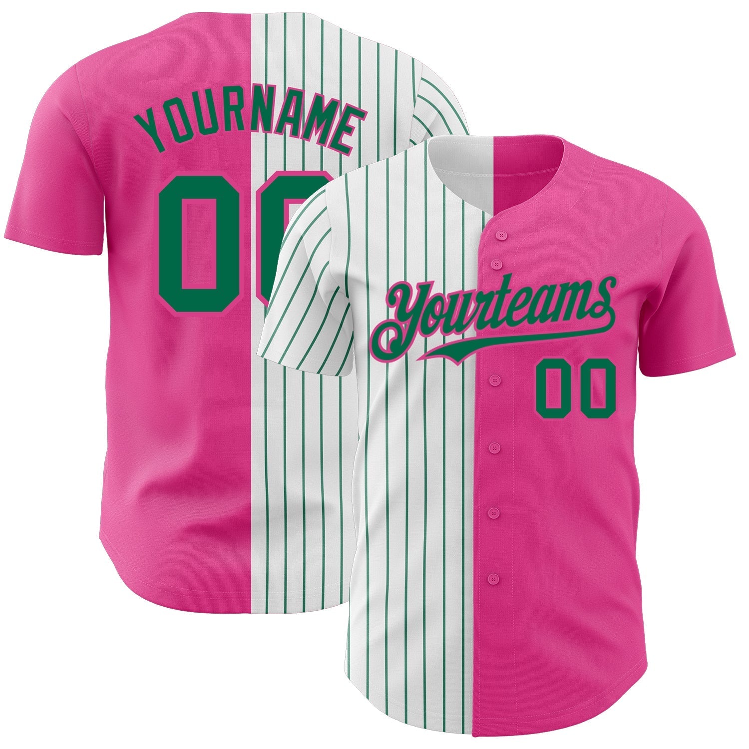Custom Pink White-Kelly Green Pinstripe Authentic Split Fashion Baseball Jersey baseball jersey product view 1