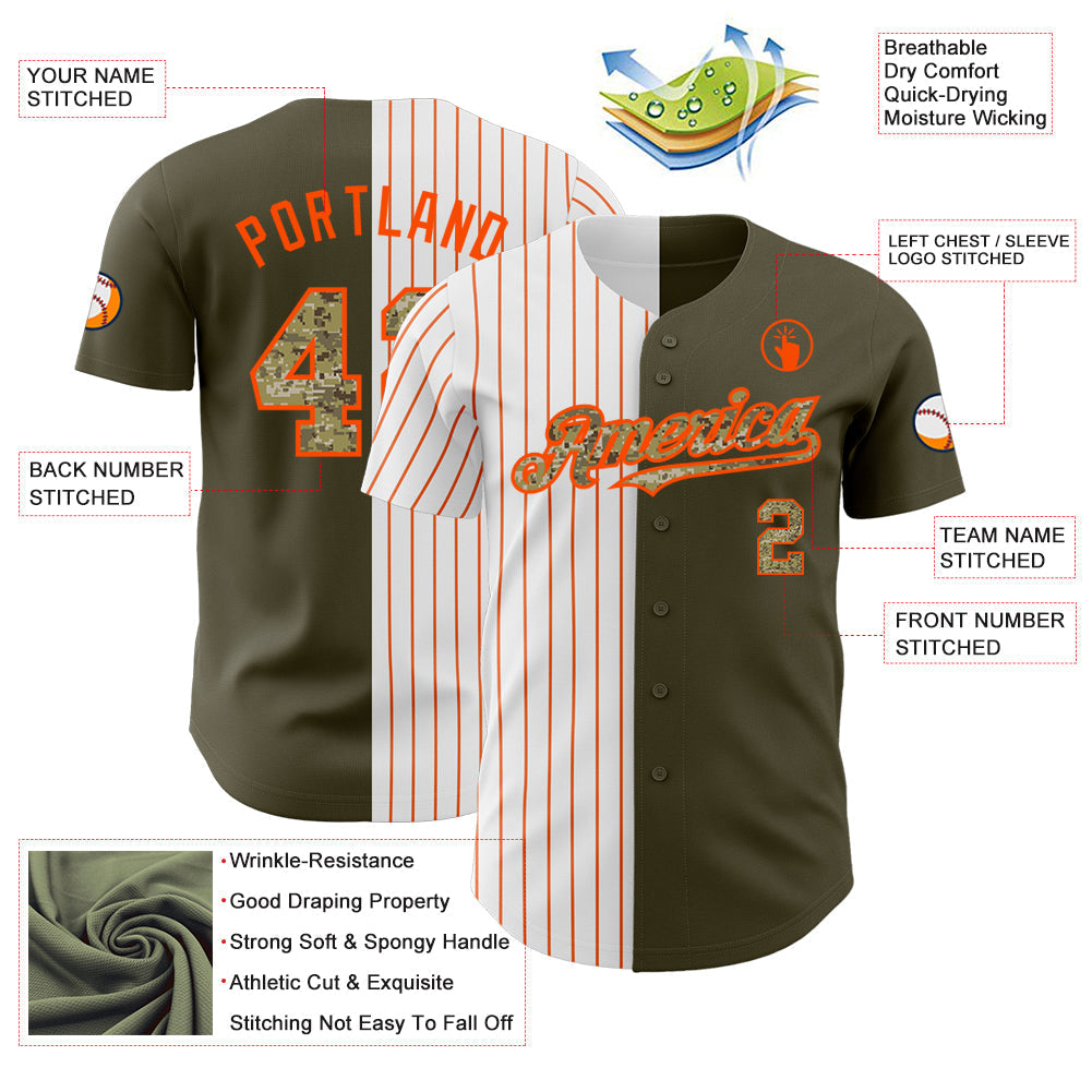 Custom Olive Camo-Orange Pinstripe Authentic Split Fashion Salute To Service Baseball Jersey baseball jersey product view 3