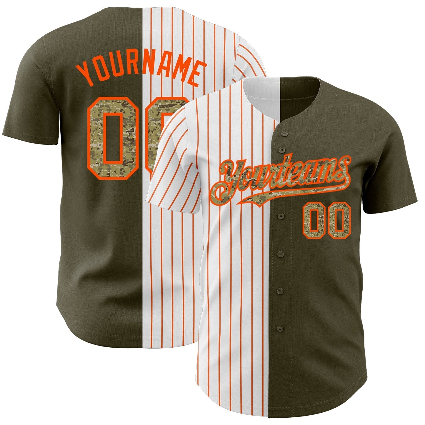 Custom Olive Camo-Orange Pinstripe Authentic Split Fashion Salute To Service Baseball Jersey baseball jersey product view 1
