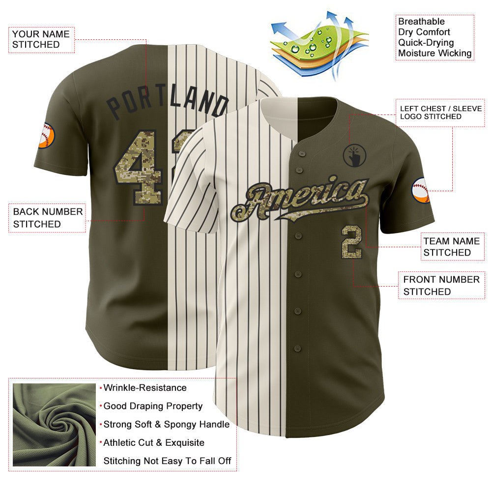 Custom Olive Camo Cream-Black Pinstripe Authentic Split Fashion Salute To Service Baseball Jersey baseball jersey product view 3