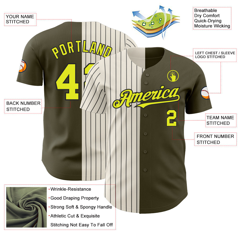 Custom Olive Neon Yellow Cream-Black Pinstripe Authentic Split Fashion Salute To Service Baseball Jersey baseball jersey product view 3