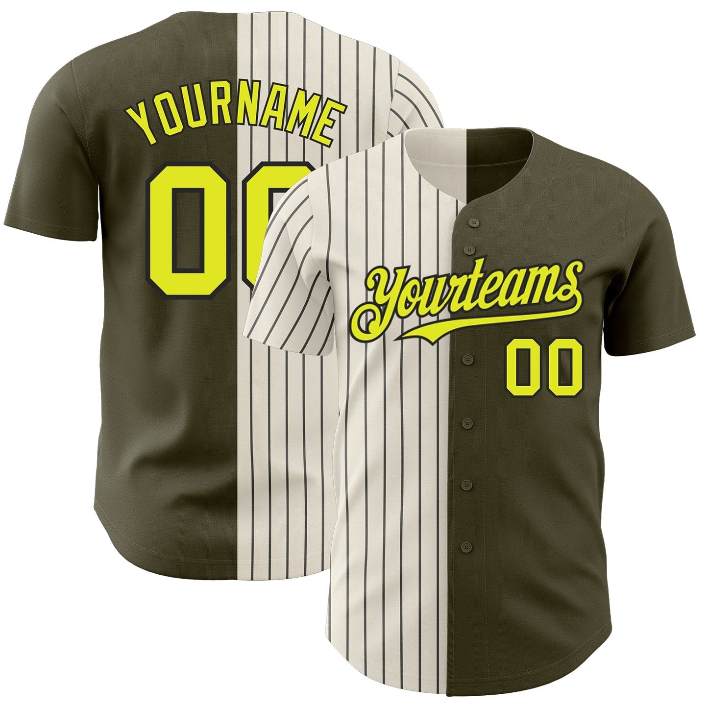 Custom Olive Neon Yellow Cream-Black Pinstripe Authentic Split Fashion Salute To Service Baseball Jersey baseball jersey product view 1