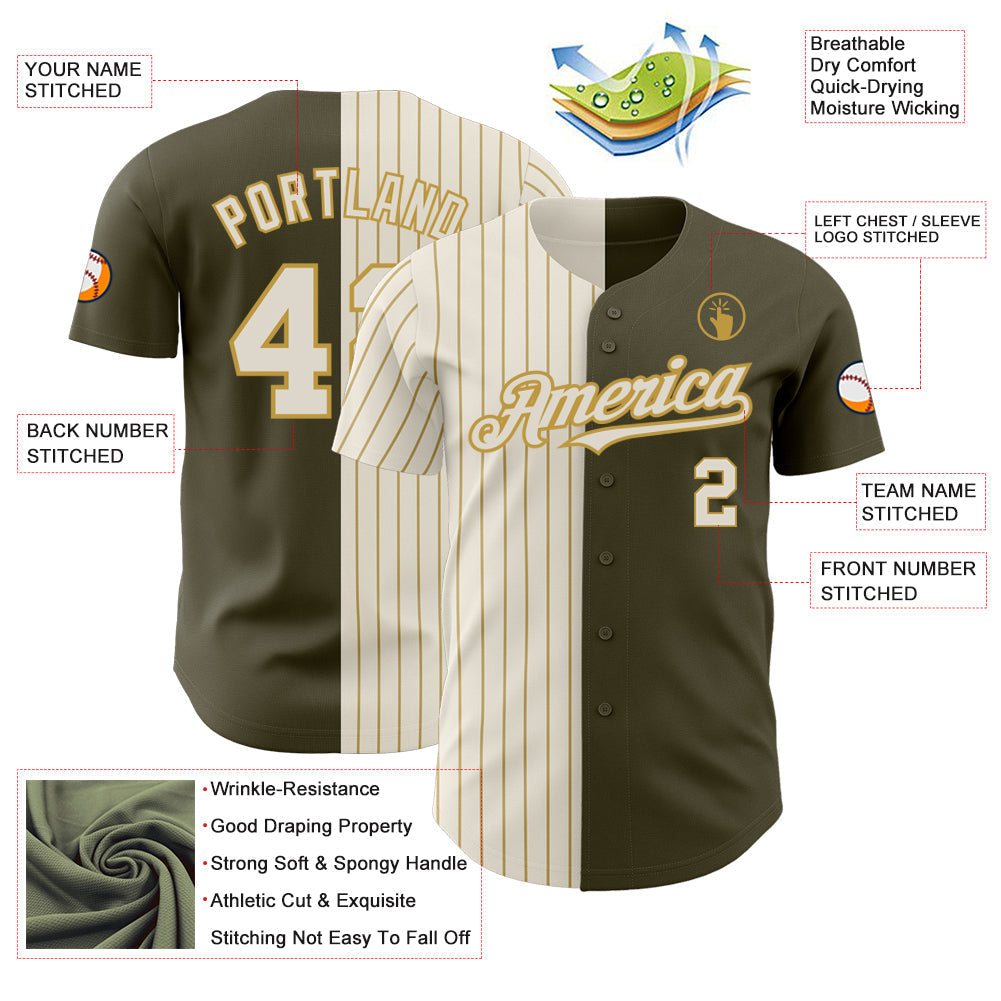 Custom Olive Cream-Old Gold Pinstripe Authentic Split Fashion Salute To Service Baseball Jersey baseball jersey product view 3