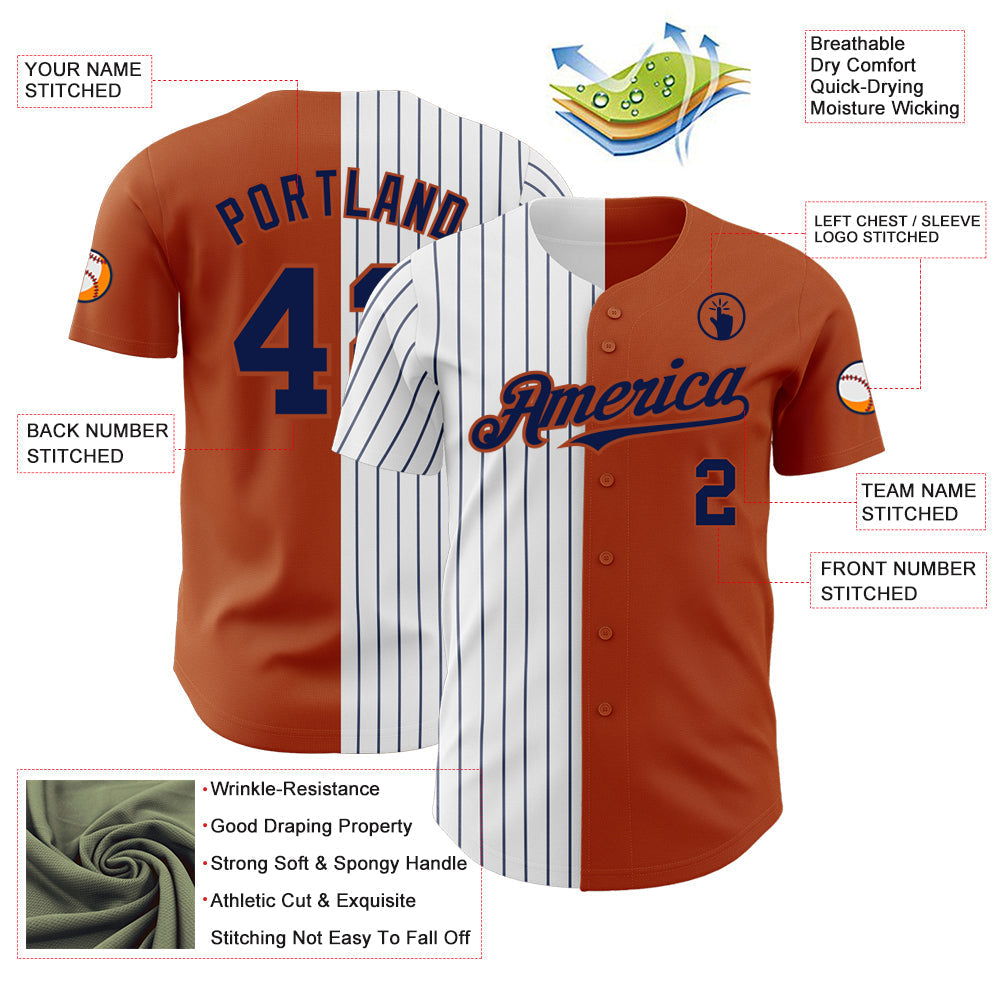 Custom Texas Orange White-Navy Pinstripe Authentic Split Fashion Baseball Jersey baseball jersey product view 3