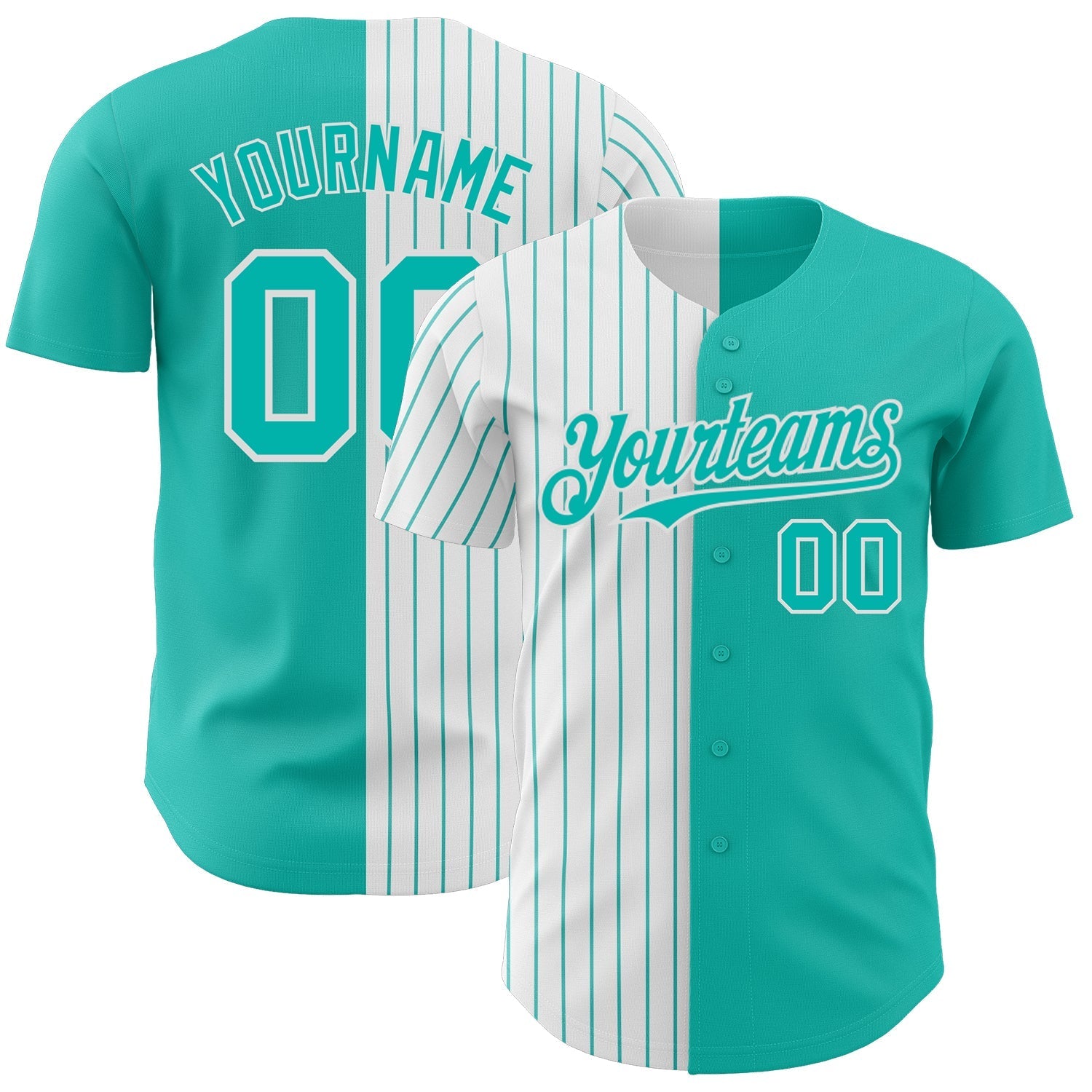 Custom Aqua White-Aqua Pinstripe Authentic Split Fashion Baseball Jersey baseball jersey product view 1