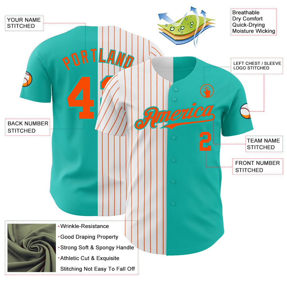 Custom Aqua White-Orange Pinstripe Authentic Split Fashion Baseball Jersey baseball jersey product view 3
