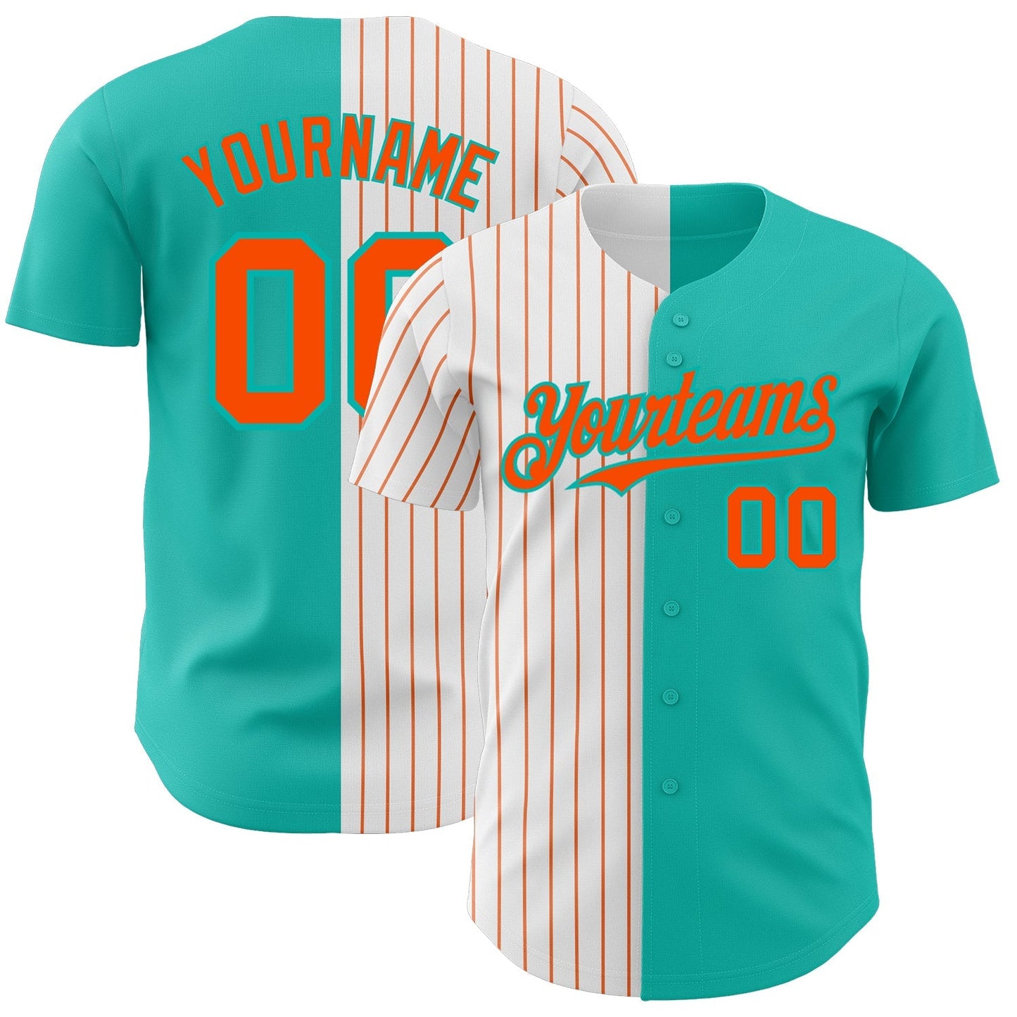 Custom Aqua White-Orange Pinstripe Authentic Split Fashion Baseball Jersey baseball jersey product view 1