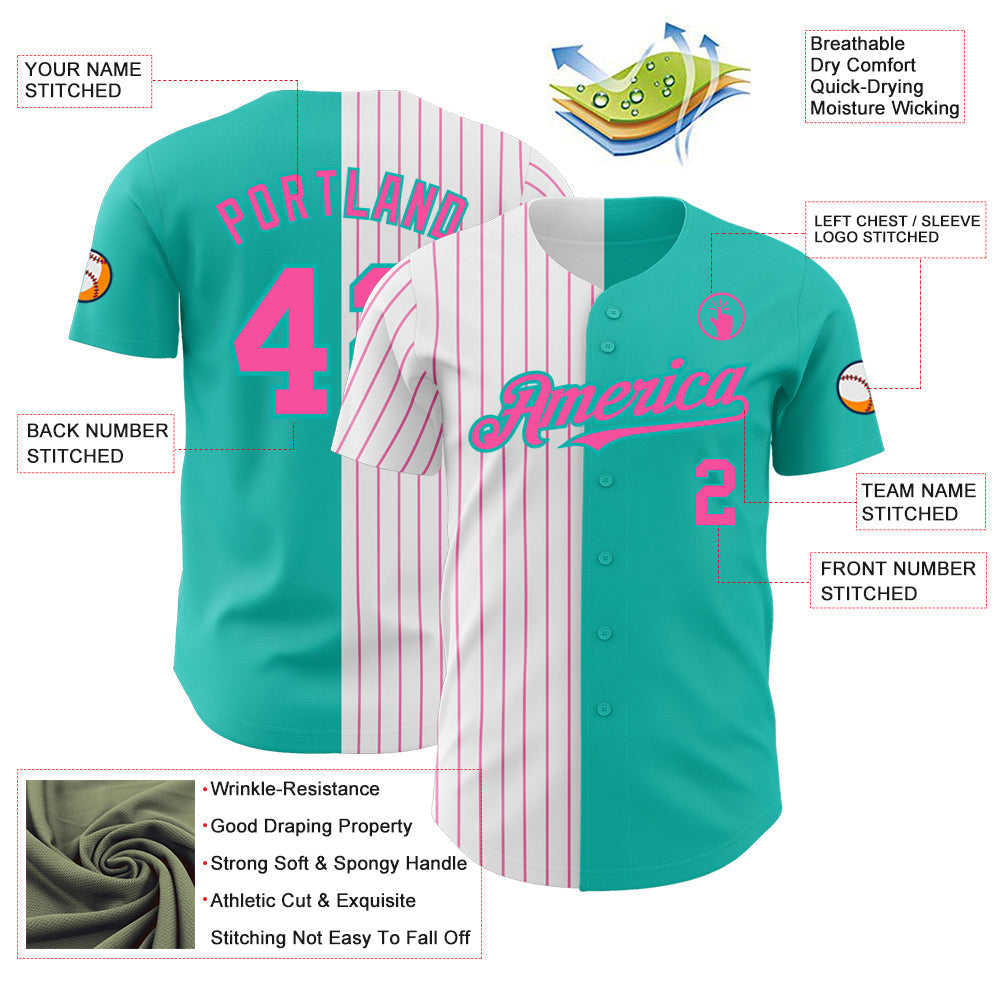 Custom Aqua White-Pink Pinstripe Authentic Split Fashion Baseball Jersey baseball jersey product view 3